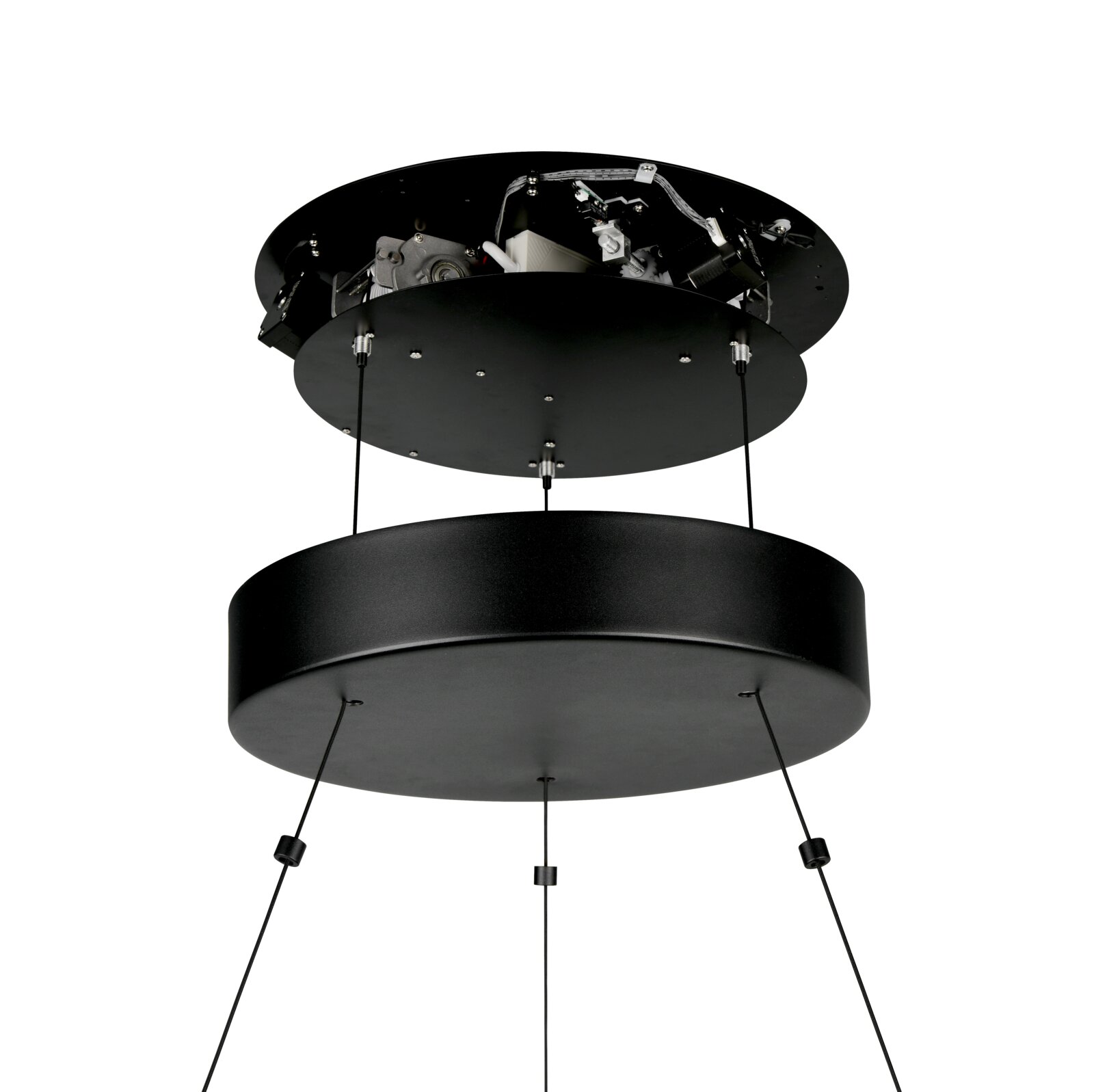 Moderne schwarze Pendelleuchte aus der Untersicht, mit runden Elementen und Kabelaufhängung.
