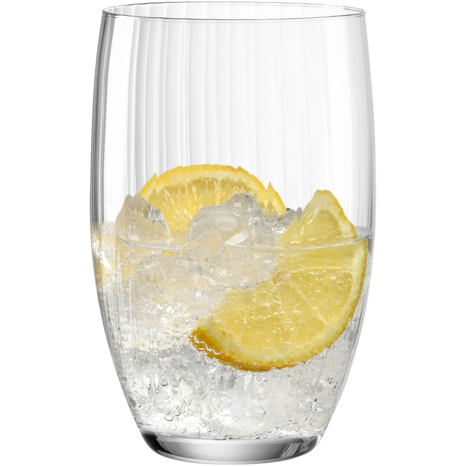 Trinkglas POESIA 460ml mit Eiswürfeln und Zitronenscheiben, seitliche Perspektive