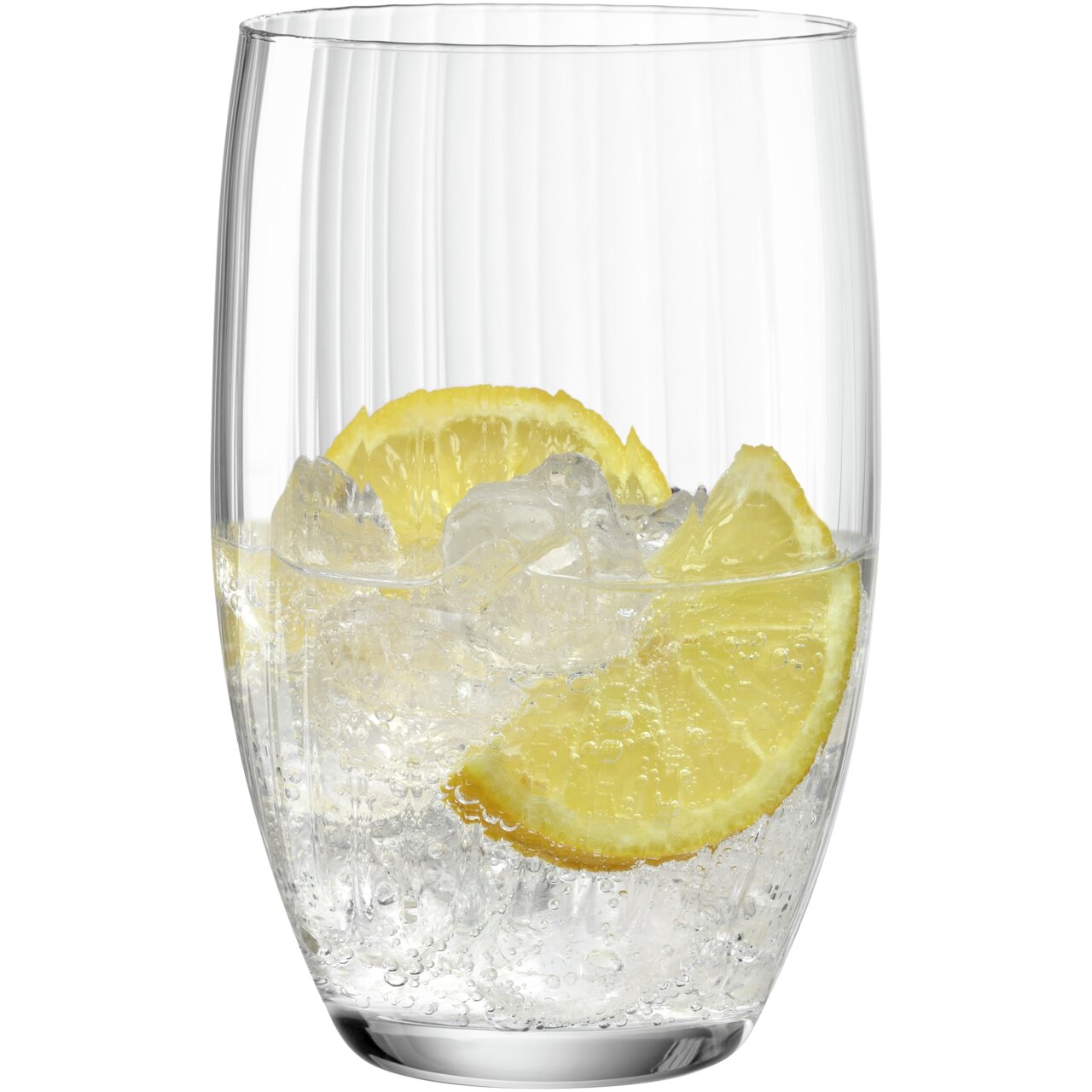 Trinkglas POESIA 460ml mit Eiswürfeln und Zitronenscheiben, seitliche Perspektive