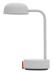 Moderne Tischlampe in mattem Weiß mit rundem Lampenschirm und rotem Schalter, seitliche Perspektive