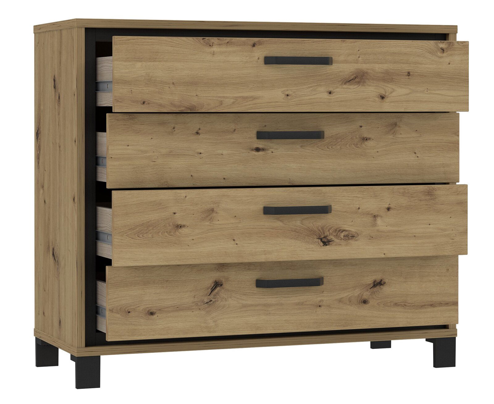 Holzkommode mit vier Schubladen, seitliche Perspektive