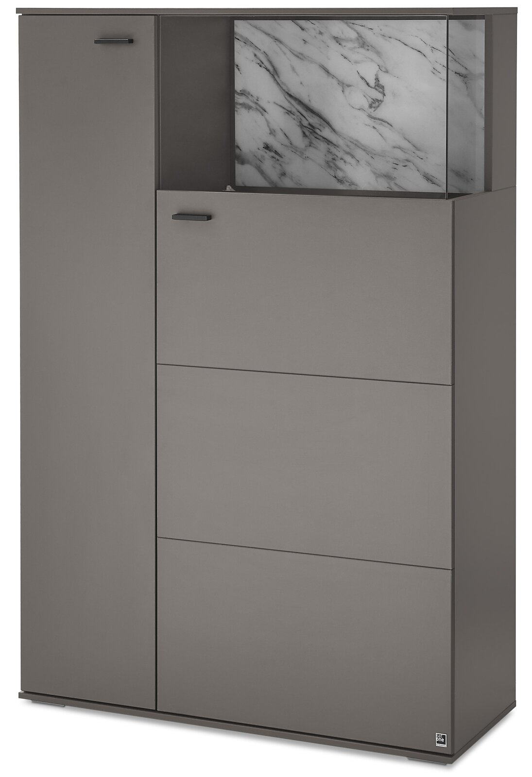 Set one by Musterring Highboard SET ONE PASADENA Modernes, graues Highboard/Schrank mit Tür und mehreren Klappen, oben mit Marmoroptik-Front und Glasaufsatz, freigestellt vor weißem Hintergrund, Ansicht schräg von vorne