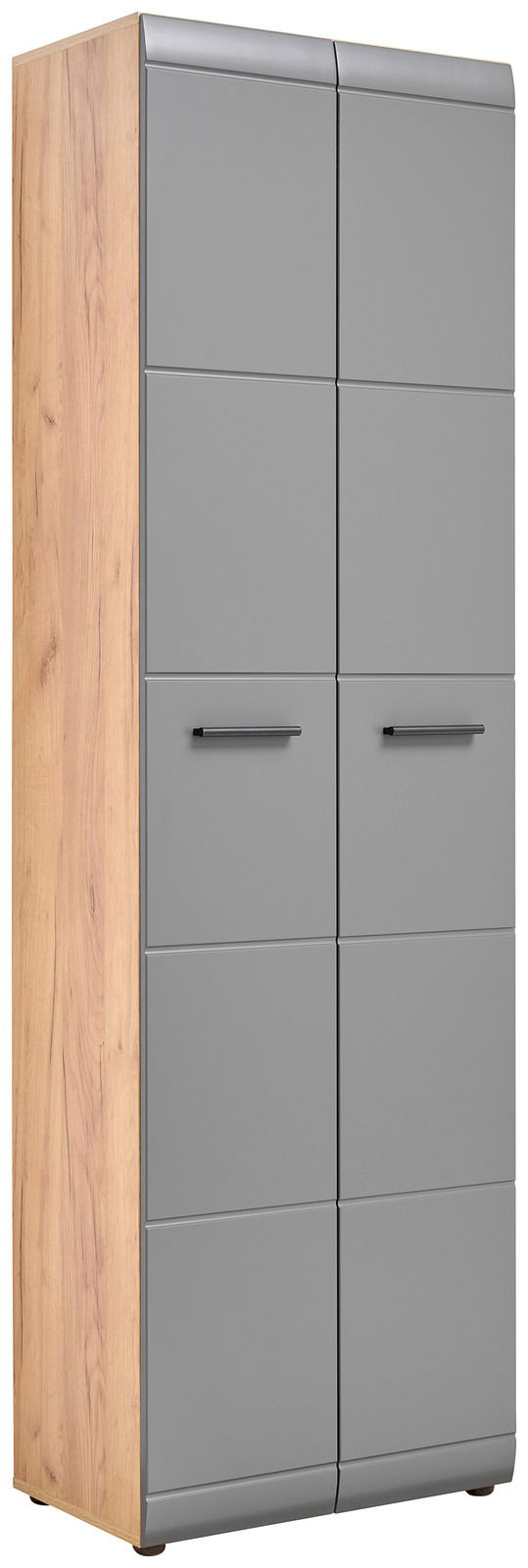 Moderner Garderobenschrank mit grauen Türen und Holzseitenansicht, perspektivisch von vorne links.