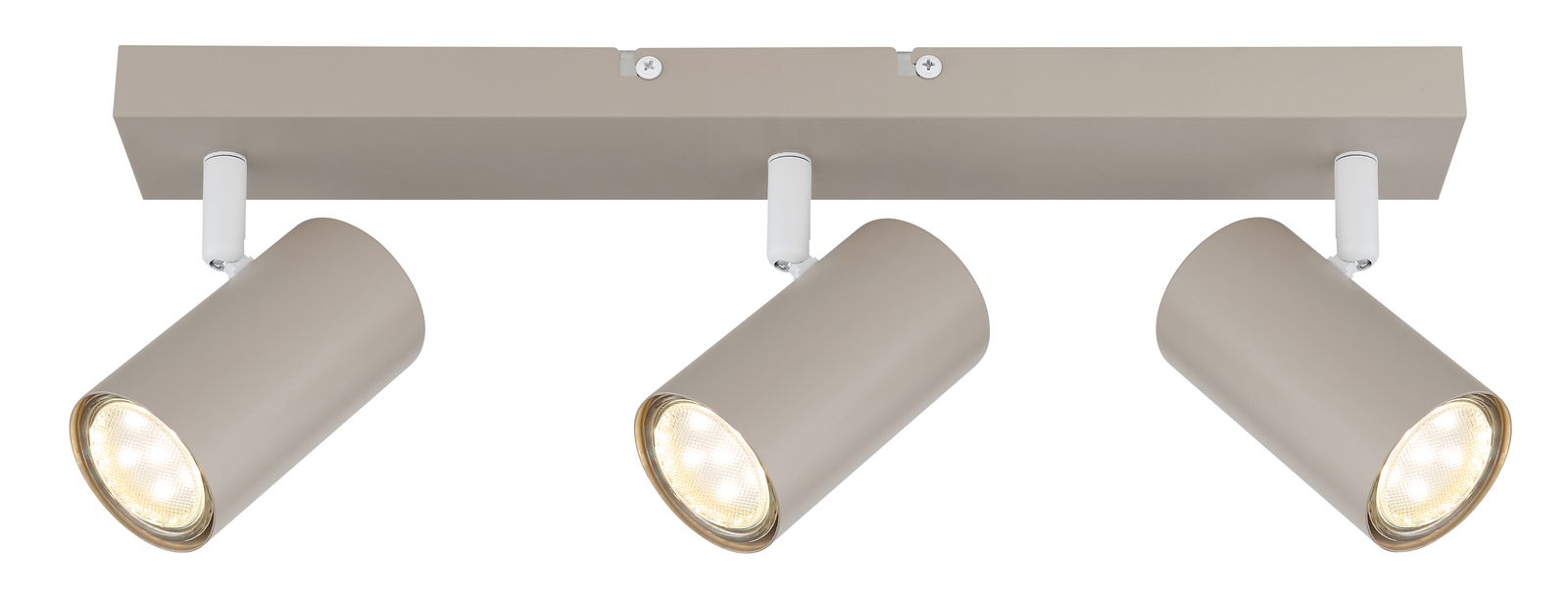 Dreifacher Deckenstrahler in moderner, zylindrischer Form, seitliche Perspektive