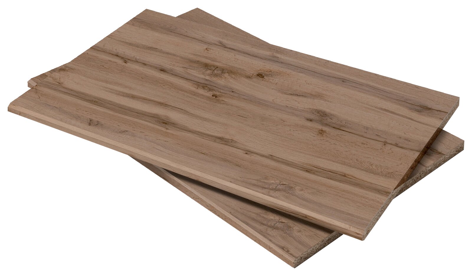 Zwei übereinanderliegende Holzdekor-Platten in natürlicher Eichenoptik mit sichtbarer Maserung, schräg von oben (3/4-Perspektive) freigestellt