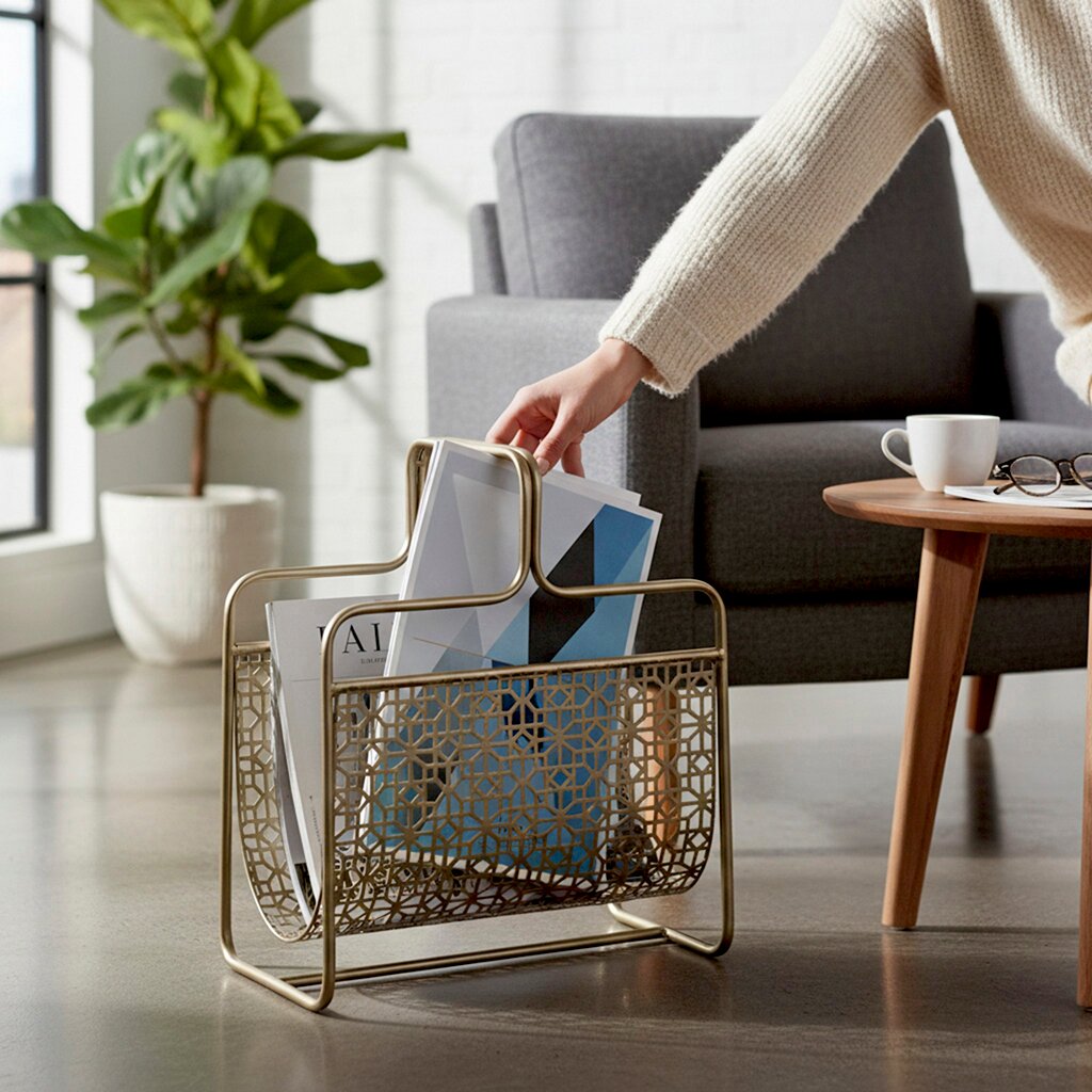 Zurbrüggen Metall Zeitungsständer Goldfarbener Metall-Zeitschriftenständer mit geometrischem Gittermuster, gefüllt mit Magazinen, im Wohnzimmer neben Sofa und Beistelltisch; Perspektive: leicht seitliche Vorderansicht auf Bodenhöhe.