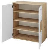 Offener Schuhschrank aus Holz mit vier Regalböden, weiße Türen, Perspektive von vorne.