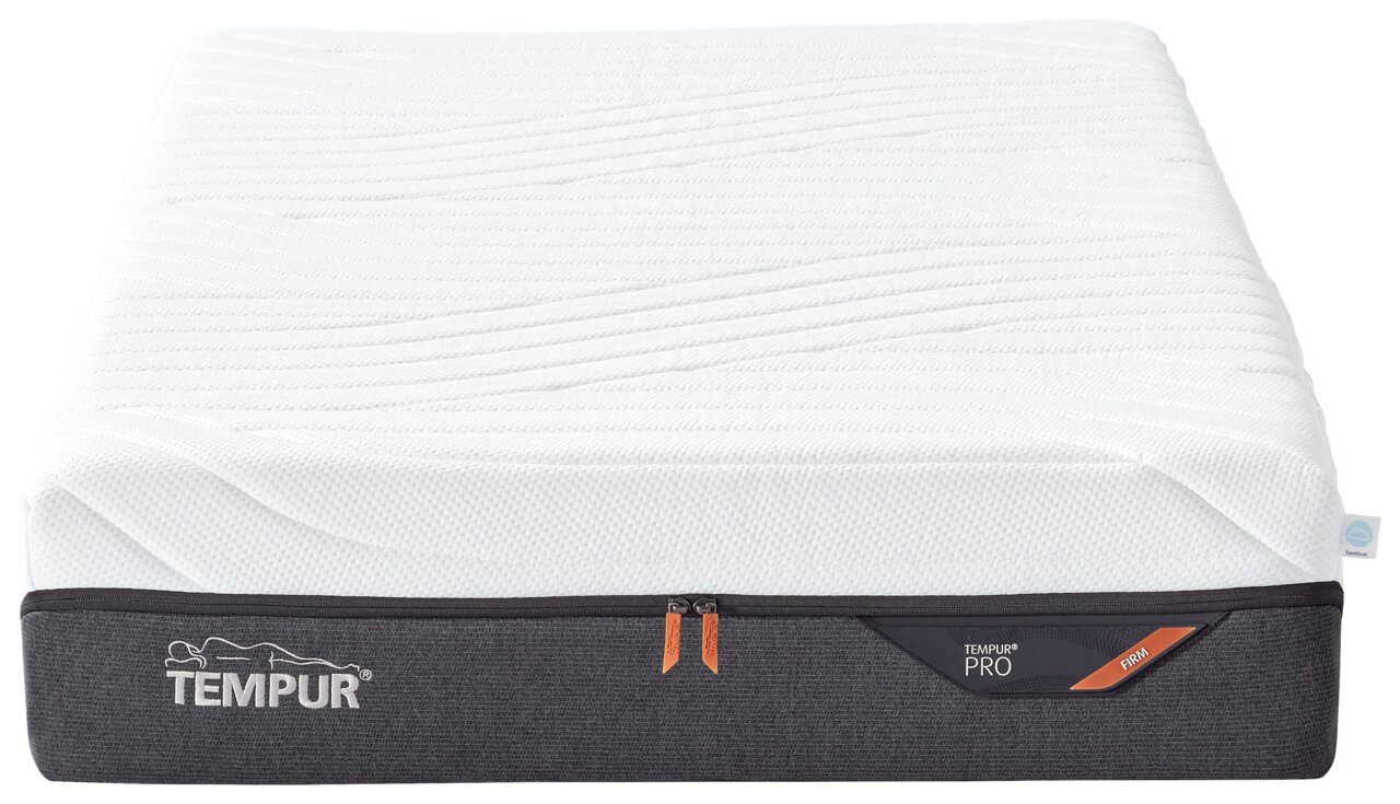 Viscomatratze 140x200 firm von vorne, mit weißem Obermaterial und grauem Seitenbezug, Markenlogo sichtbar