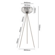 Moderne Stehleuchte mit dreibeinigem Stativ und einem offenen, kugelförmigen Lampenschirm aus Metallstäben, seitliche Perspektive.