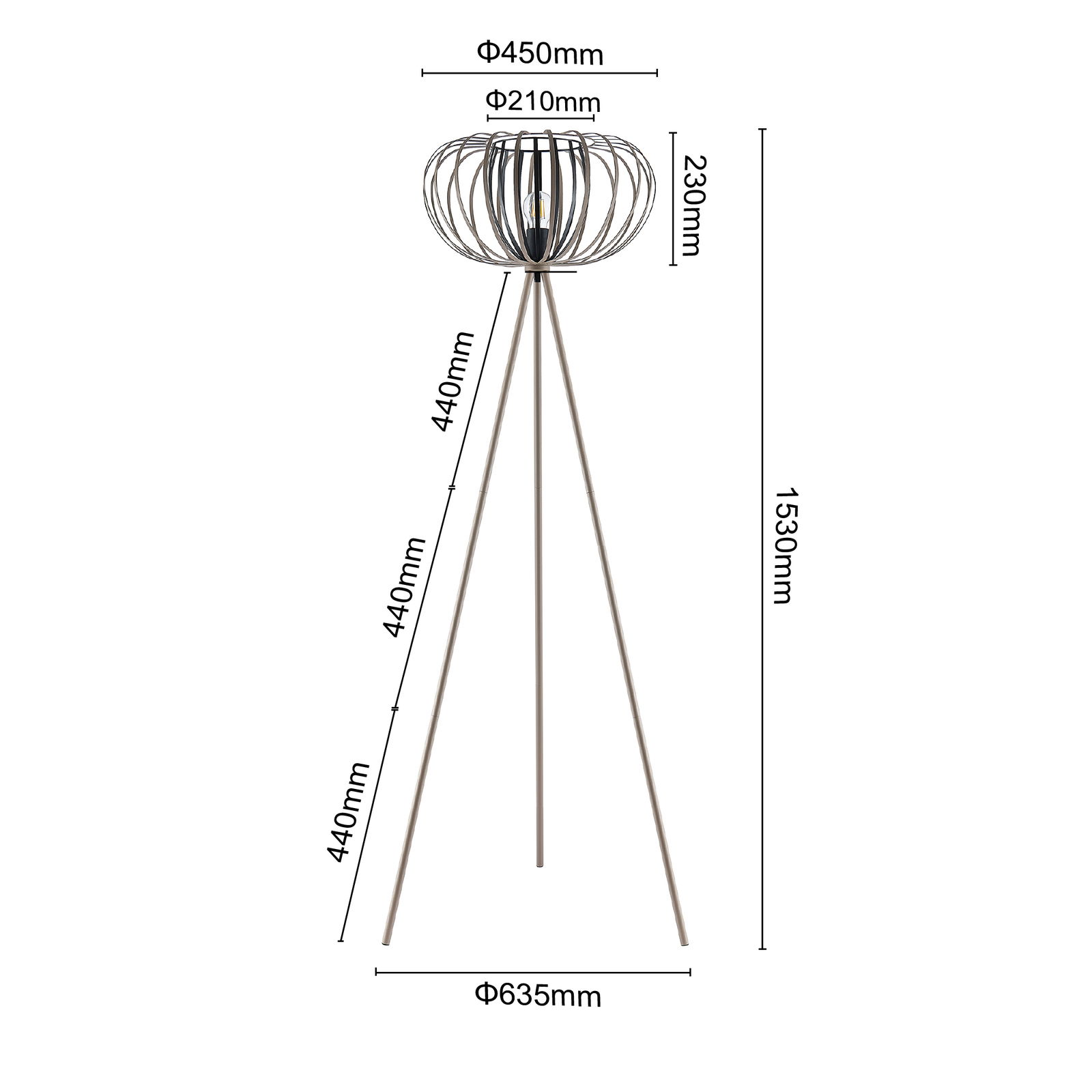Moderne Stehleuchte mit dreibeinigem Stativ und einem offenen, kugelförmigen Lampenschirm aus Metallstäben, seitliche Perspektive.