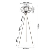 Moderne staande lamp met een driepoot en een open, bolvormige lampenkap van metalen staven, gezien vanaf de zijkant.