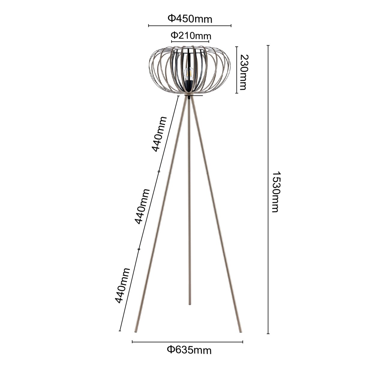 Moderne staande lamp met een driepoot en een open, bolvormige lampenkap van metalen staven, gezien vanaf de zijkant.