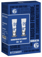 Blau gestaltete Ritzenhoff-Verpackung mit zwei FC-Schalke-04-Schnapsgläsern im 2er-Set, aus schräger Vorderansicht mit sichtbarer linker Seitenfläche.