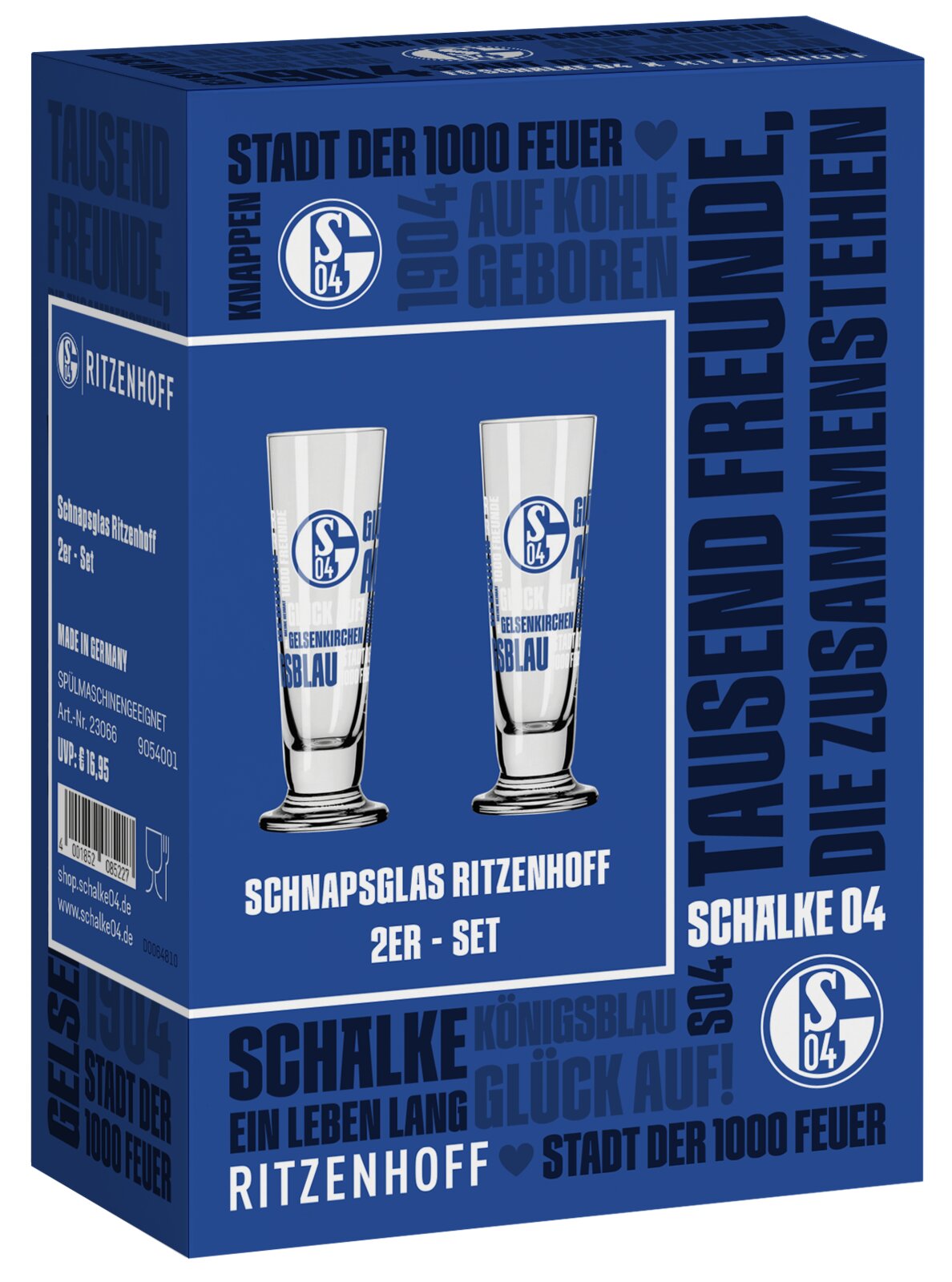 Blau gestaltete Ritzenhoff-Verpackung mit zwei FC-Schalke-04-Schnapsgläsern im 2er-Set, aus schräger Vorderansicht mit sichtbarer linker Seitenfläche.