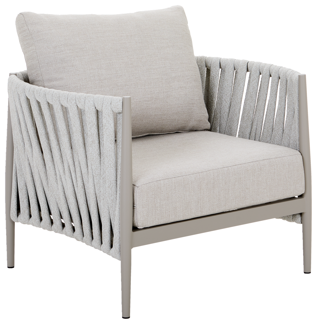 Amatio Loungesessel VENERONA Moderner Loungesessel mit hellgrauem Stoffbezug und geflochtenen Seiten, seitliche Perspektive