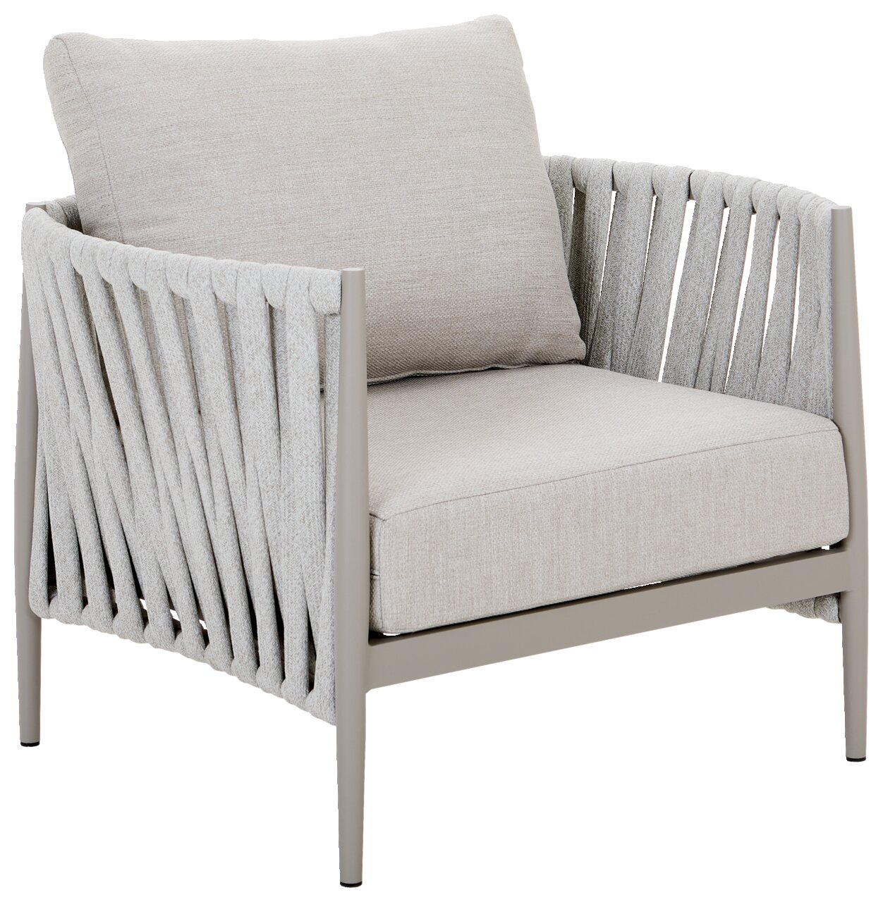 Moderner Loungesessel mit hellgrauem Stoffbezug und geflochtenen Seiten, seitliche Perspektive