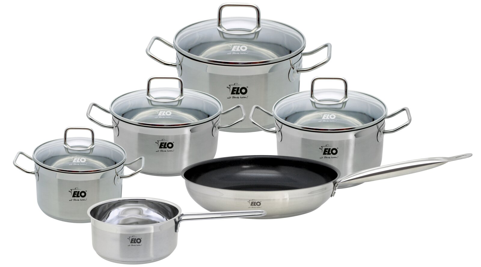 ELO Profi Duo Therm pannenset 6, bestaande uit vijf pannen en een koekenpan, van roestvrij staal met glazen deksels, gezien van voren.