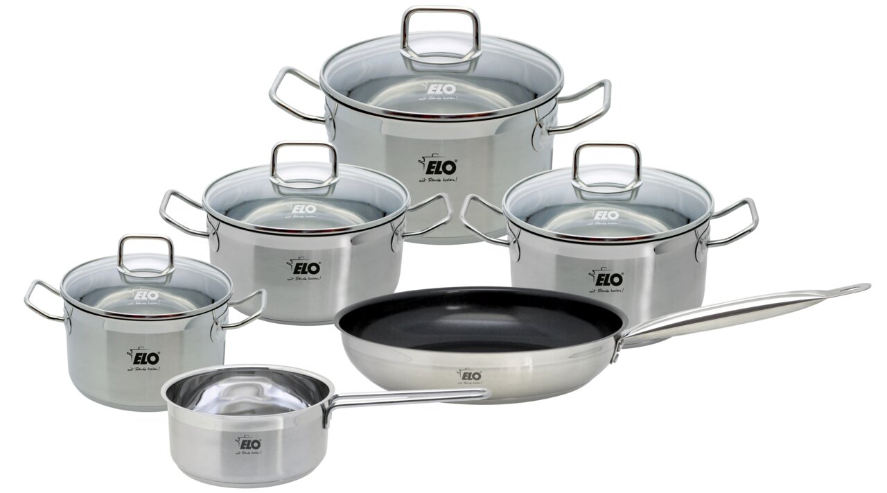 ELO Profi Duo Therm Topfset 6, bestehend aus fünf Töpfen und einer Pfanne, aus Edelstahl mit Glasdeckeln, in einer frontalen Ansicht.