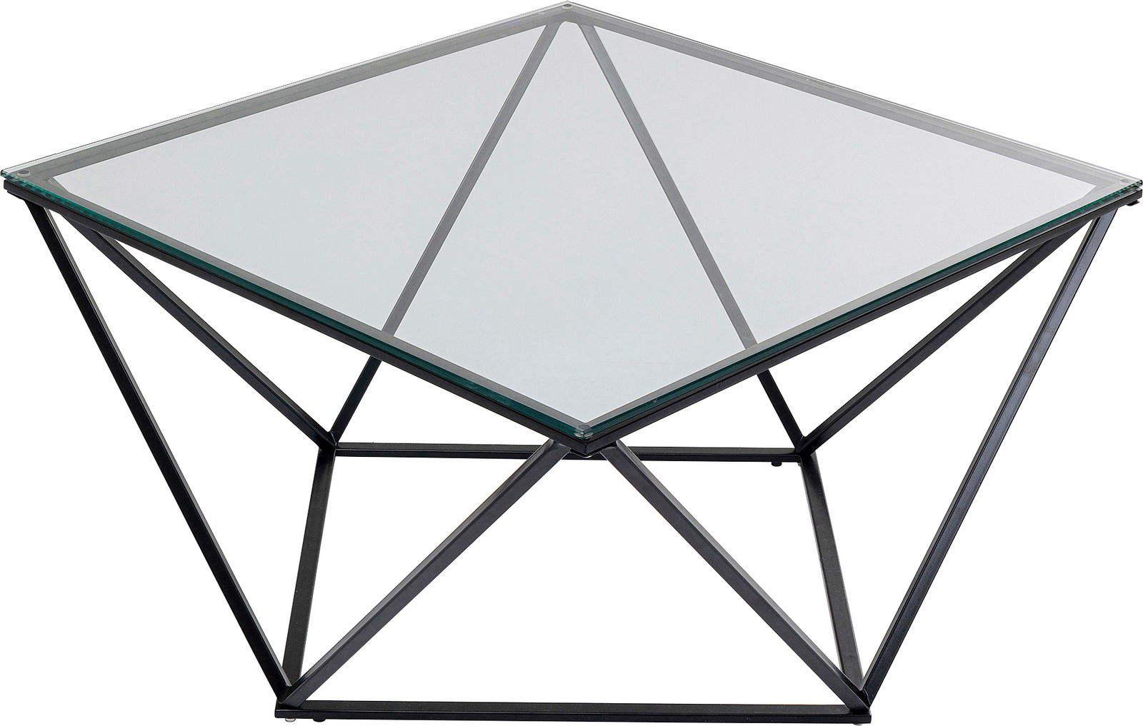 Moderner Beistelltisch mit Glasplatte und geometrischem Metallgestell, seitliche Perspektive