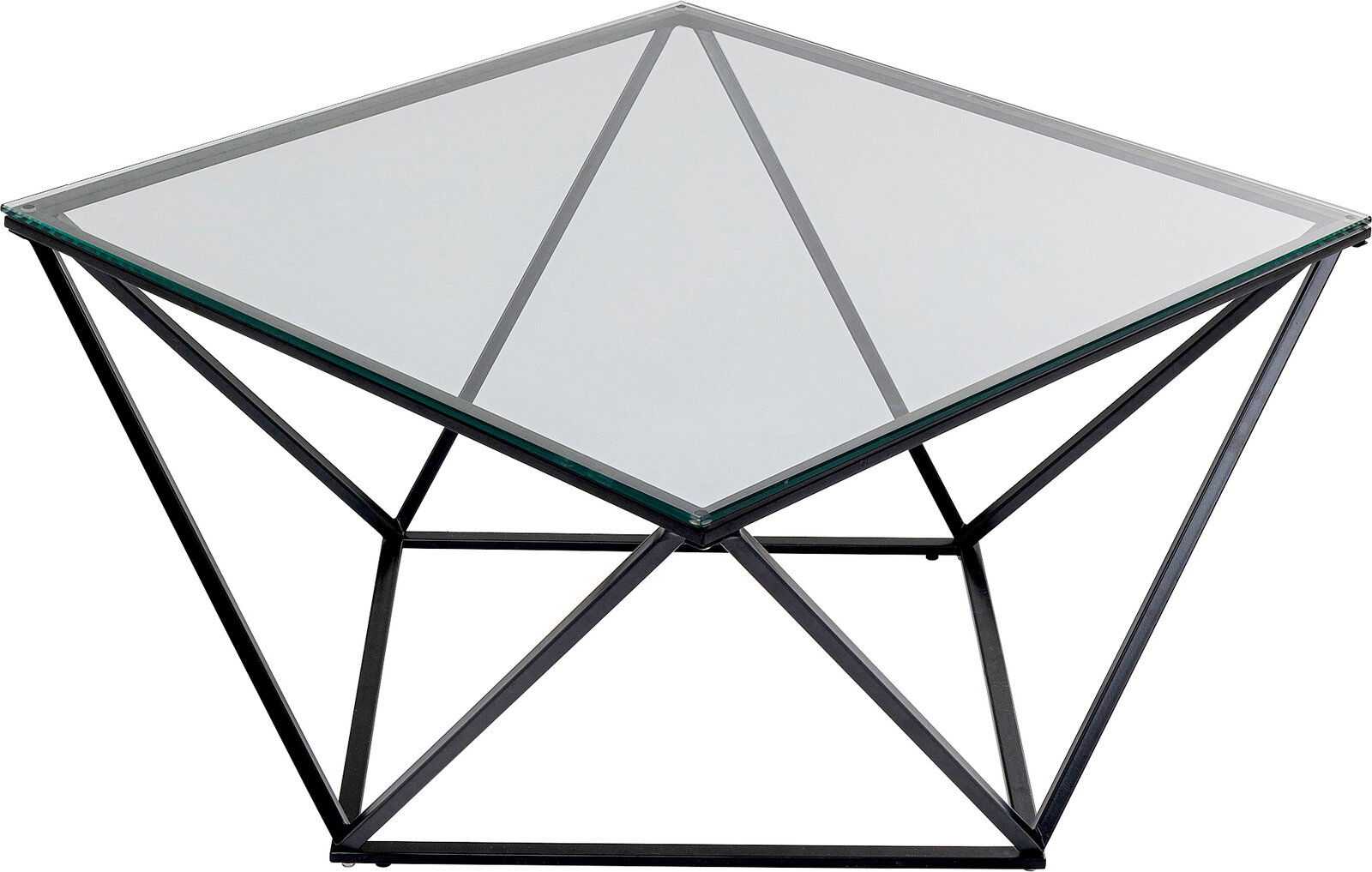 Moderner Beistelltisch mit Glasplatte und geometrischem Metallgestell, seitliche Perspektive