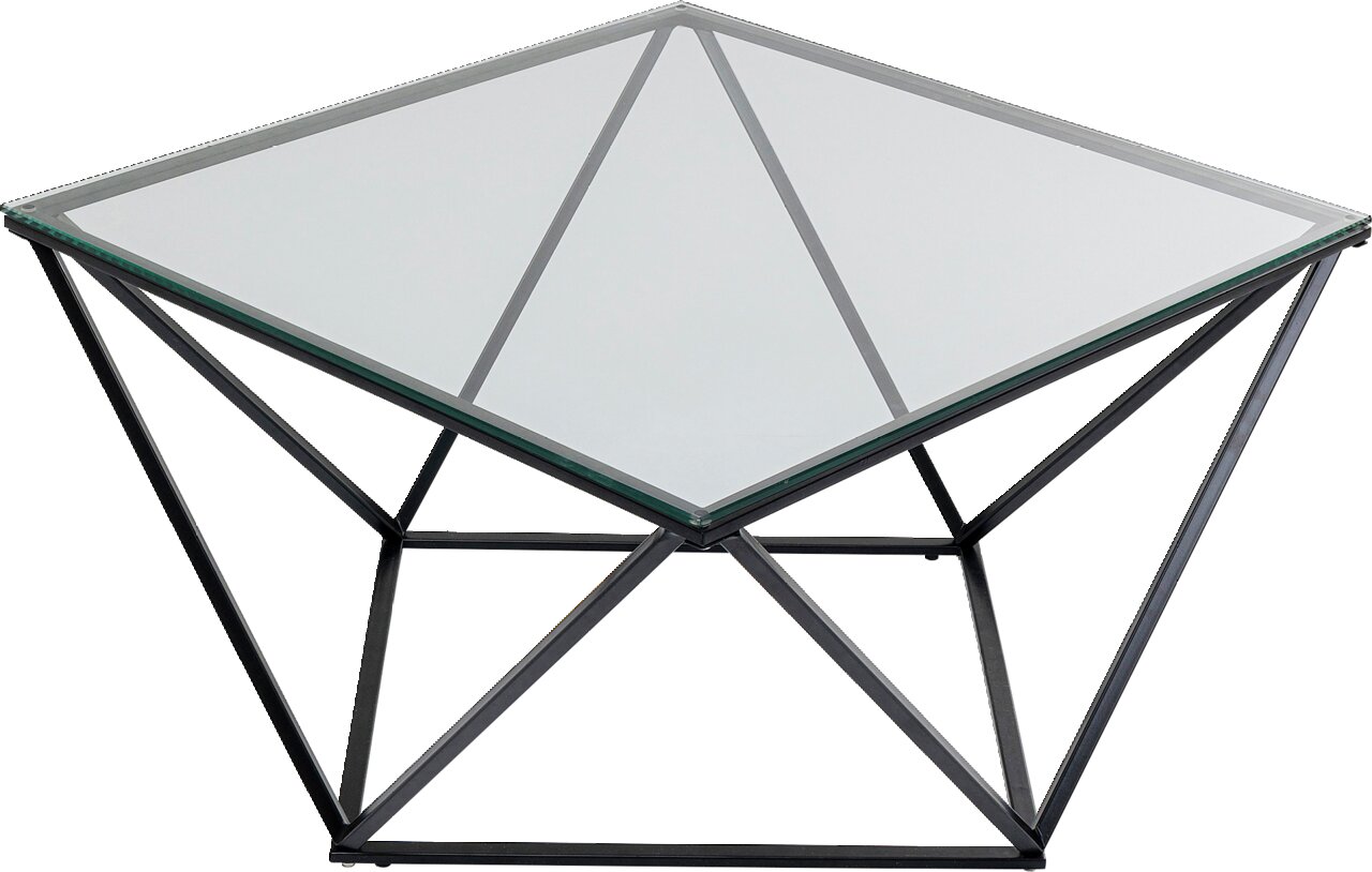 Moderner Beistelltisch mit Glasplatte und geometrischem Metallgestell, seitliche Perspektive