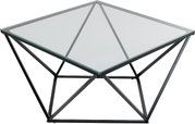 Moderner Beistelltisch mit Glasplatte und geometrischem Metallgestell, seitliche Perspektive