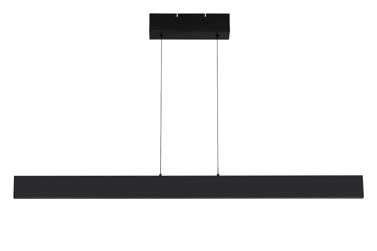 Moderne LED-Hängeleuchte in schwarzer Farbe, frontal betrachtet, mit rechteckigem Design und zwei Aufhängungen.