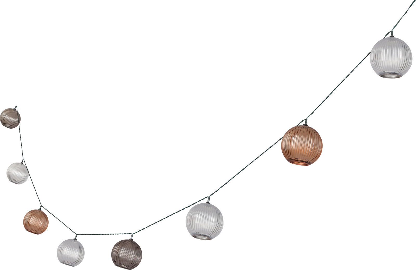 Lichterkette mit kugelförmigen Lampen in verschiedenen Farben, seitliche Perspektive