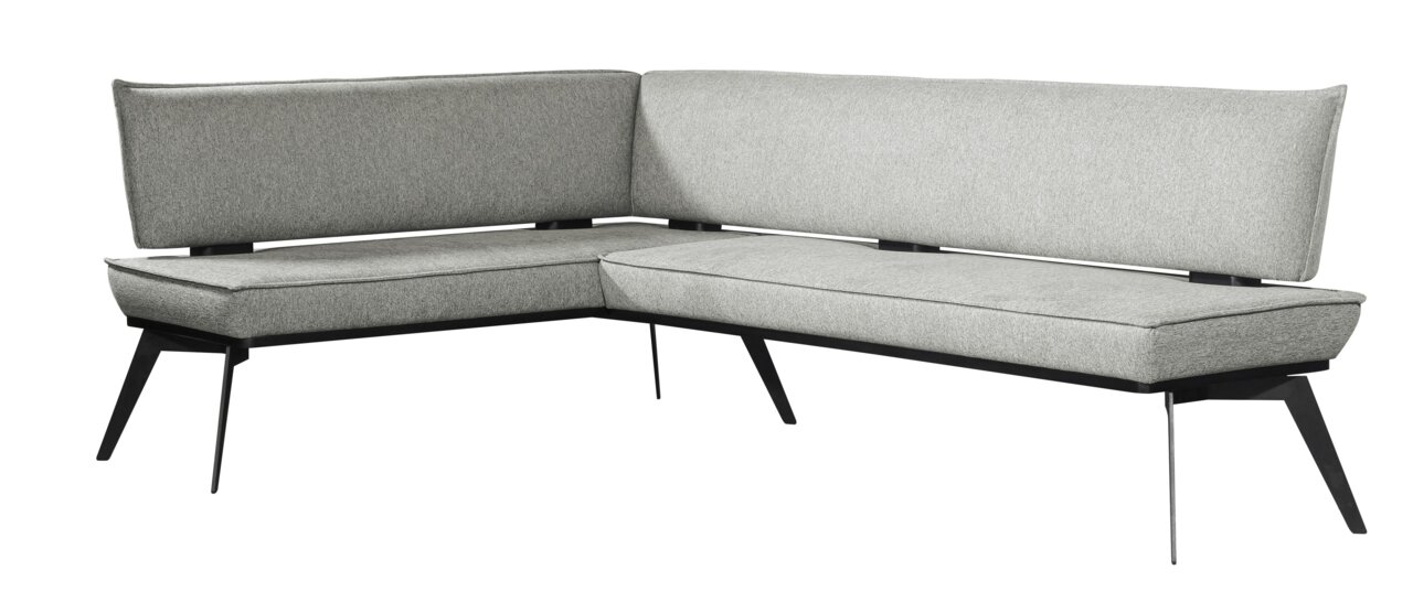 Graue Eckbank mit modernem Design und schwarzen Metallbeinen, seitliche Perspektive
