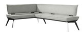 Graue Eckbank mit modernem Design und schwarzen Metallbeinen, seitliche Perspektive