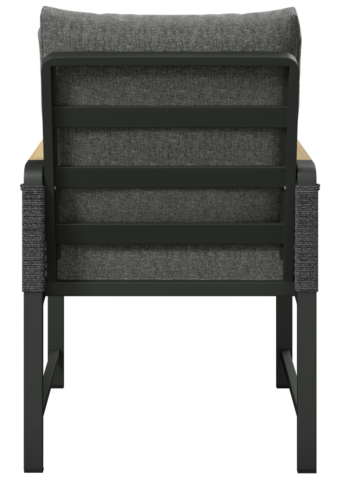 Achterkant van een moderne tuinstoel met grijze bekleding en een zwart metalen frame.