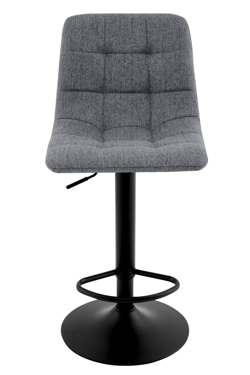 Grauer Barhocker mit gepolsterter Sitzfläche und schwarzem Metallfuß, Frontalansicht