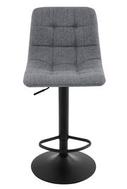 Grauer Barhocker mit gepolsterter Sitzfläche und schwarzem Metallfuß, Frontalansicht