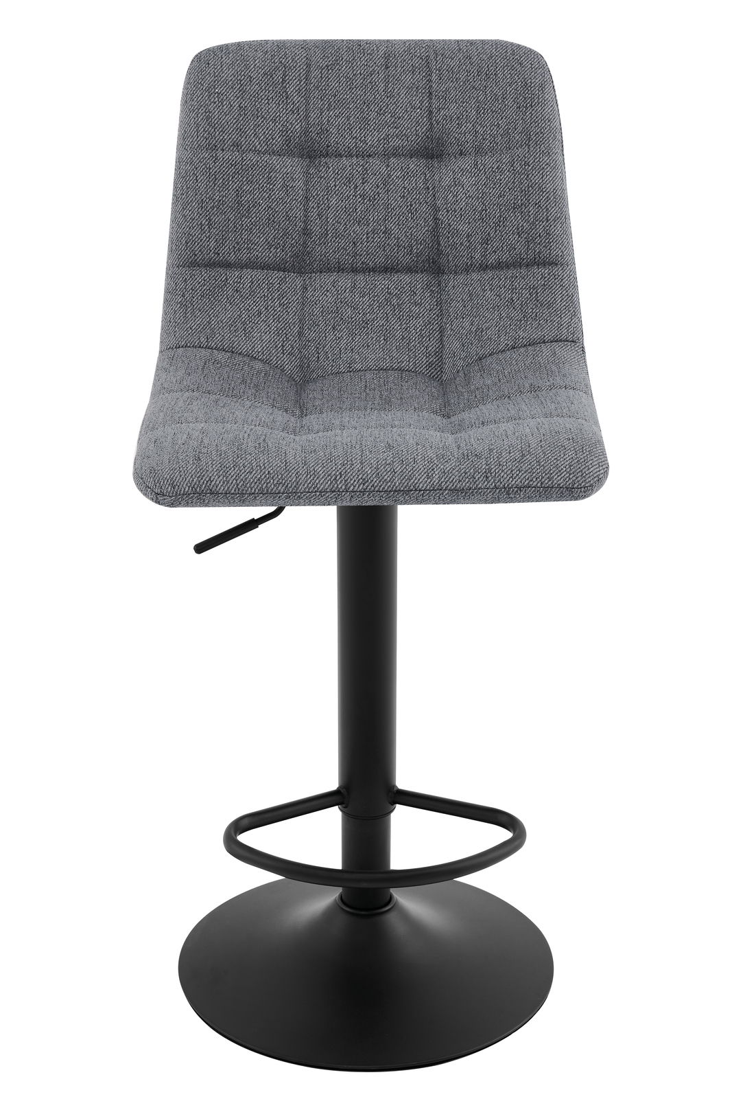 Grauer Barhocker mit gepolsterter Sitzfläche und schwarzem Metallfuß, Frontalansicht