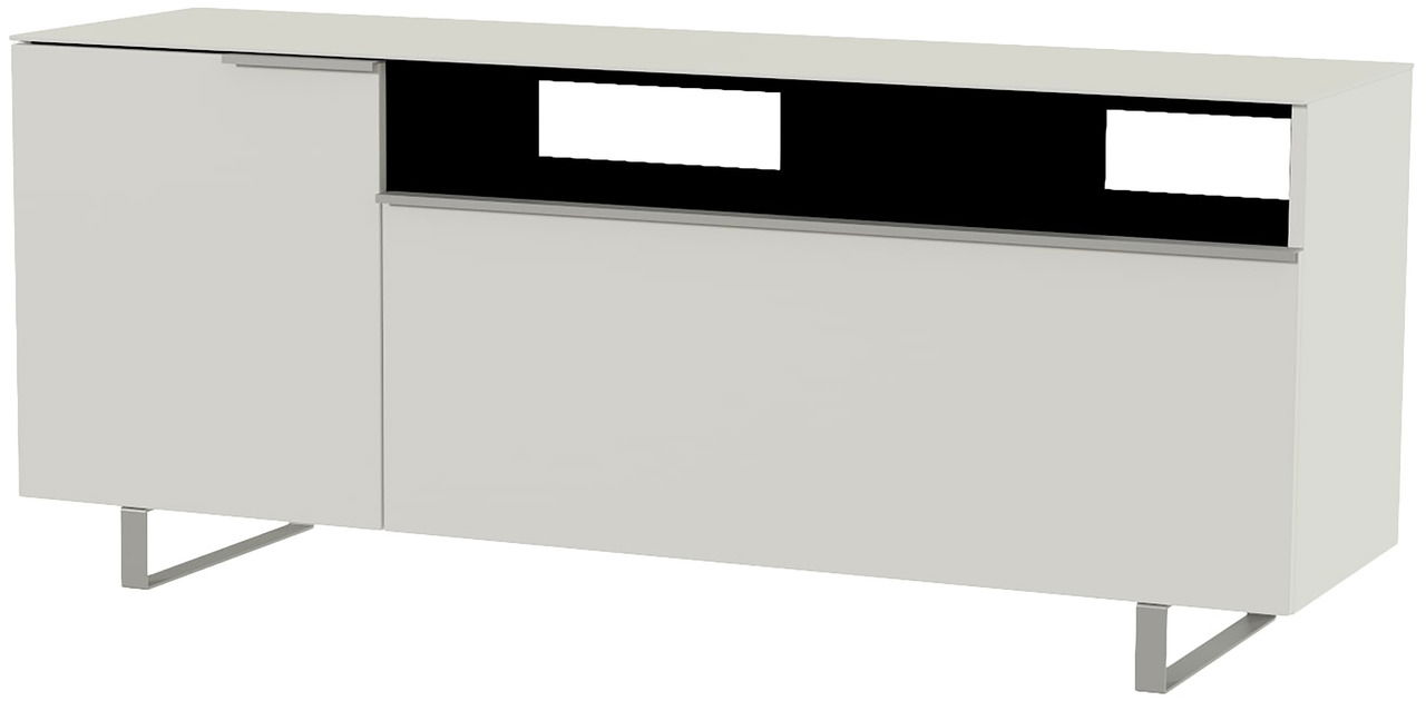 Modernes TV-Lowboard in Weiß mit Metallbeinen, seitliche Perspektive