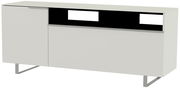 Modernes TV-Lowboard in Weiß mit Metallbeinen, seitliche Perspektive