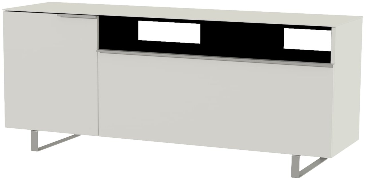 Modernes TV-Lowboard in Weiß mit Metallbeinen, seitliche Perspektive