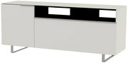 Modernes TV-Lowboard in Weiß mit Metallbeinen, seitliche Perspektive