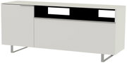 Modernes TV-Lowboard in Weiß mit Metallbeinen, seitliche Perspektive