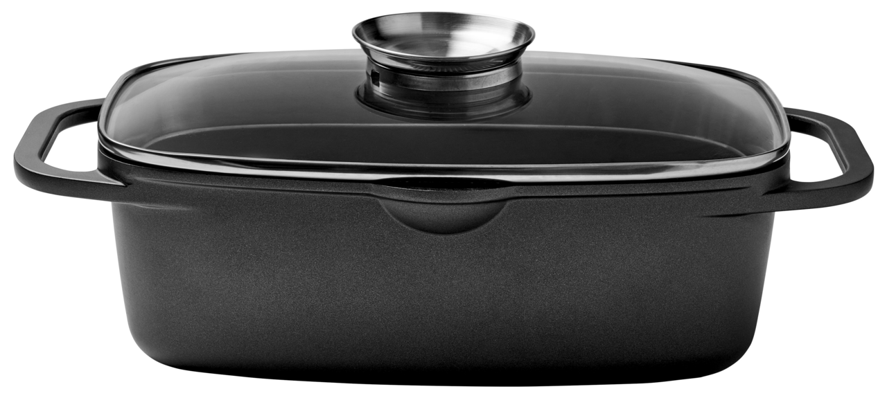 Quadratischer Alugussbräter mit Glasdeckel und Griffen, seitliche Perspektive