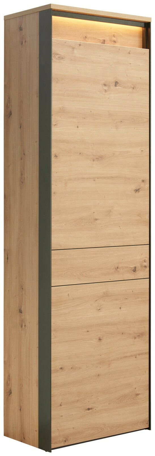 Moderner Garderobenschrank aus Holz mit seitlichen dunklen Akzenten, seitliche Perspektive.