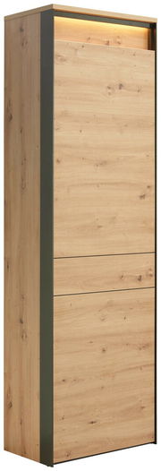 Moderner Garderobenschrank aus Holz mit seitlichen dunklen Akzenten, seitliche Perspektive.