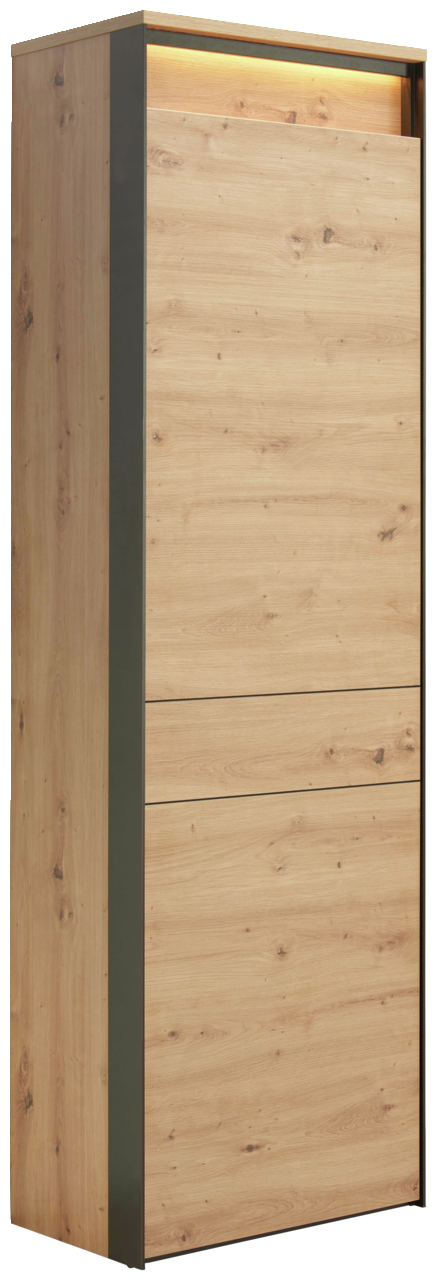 Voleo Garderobenschrank Moderner Garderobenschrank aus Holz mit seitlichen dunklen Akzenten, seitliche Perspektive.