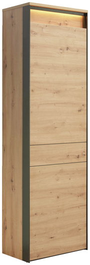 Moderner Garderobenschrank aus Holz mit seitlichen dunklen Akzenten, seitliche Perspektive.