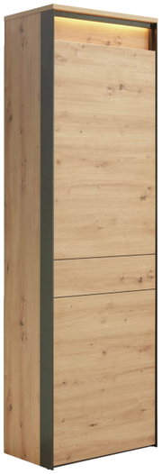 Moderner Garderobenschrank aus Holz mit seitlichen dunklen Akzenten, seitliche Perspektive.