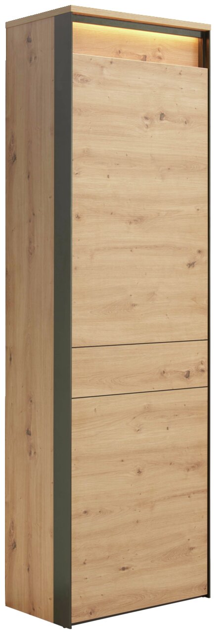 Moderner Garderobenschrank aus Holz mit seitlichen dunklen Akzenten, seitliche Perspektive.