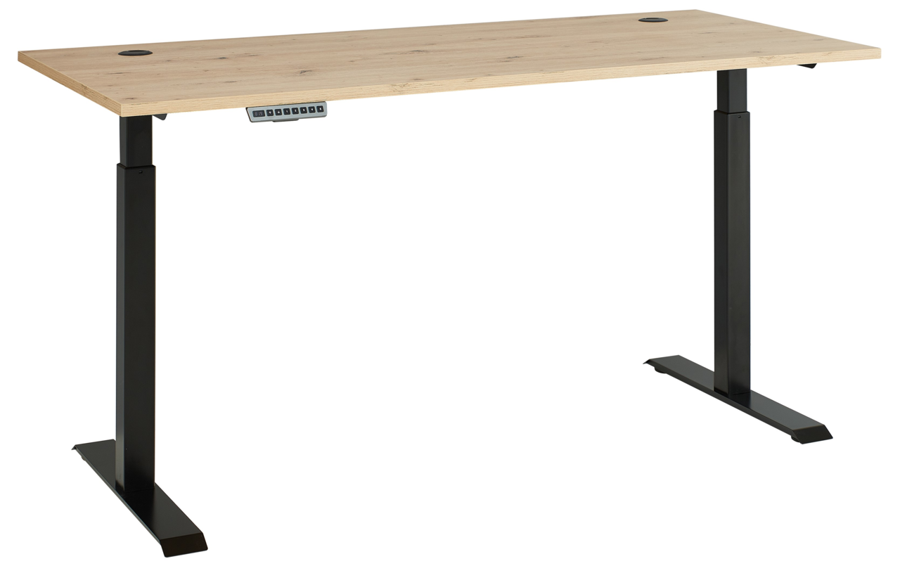 Moderner höhenverstellbarer Schreibtisch mit Holzplatte und schwarzen Metallbeinen, seitliche Perspektive.