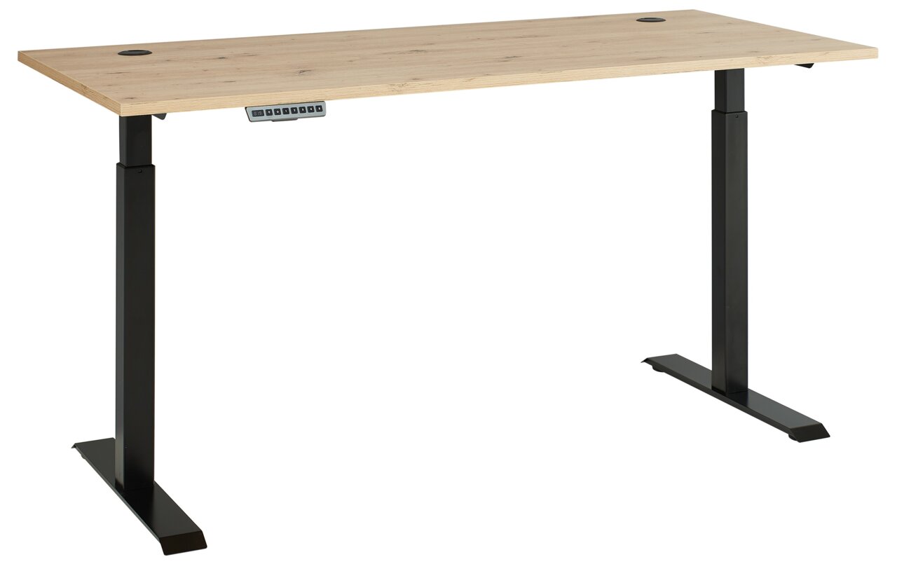 Moderner höhenverstellbarer Schreibtisch mit Holzplatte und schwarzen Metallbeinen, seitliche Perspektive.