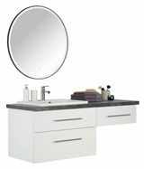 Moderne Badkombination mit rundem Spiegel, Waschbecken und Stauraum, seitliche Perspektive