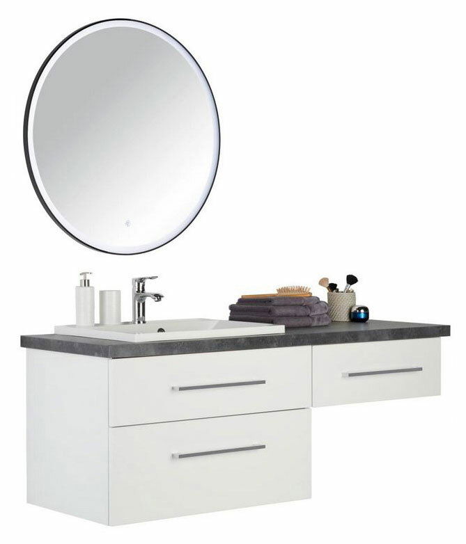 Moderne Badkombination mit rundem Spiegel, Waschbecken und Stauraum, seitliche Perspektive